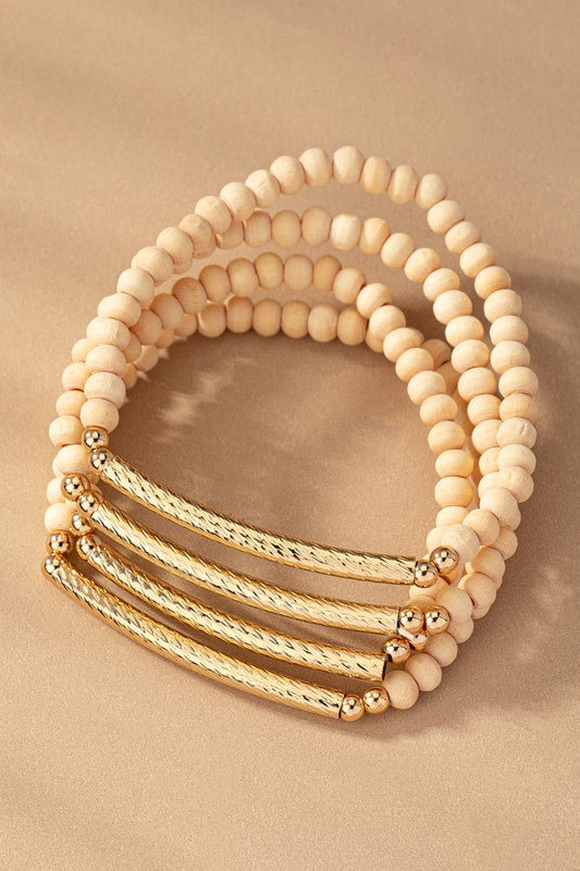 Pulsera elástica de cuentas de madera con tubo de metal