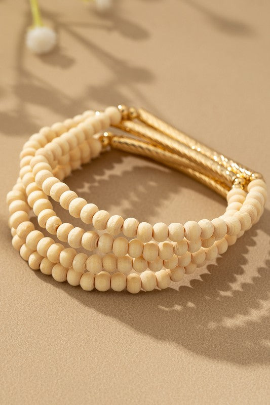 Pulsera elástica de cuentas de madera con tubo de metal